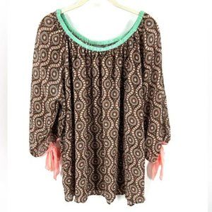 Umgee Boho Geometric Print Blouse - Size XL - Tie Sleeve Brown